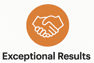 Orange circle with a white handshake icon, above the text'Exceptional Results'.